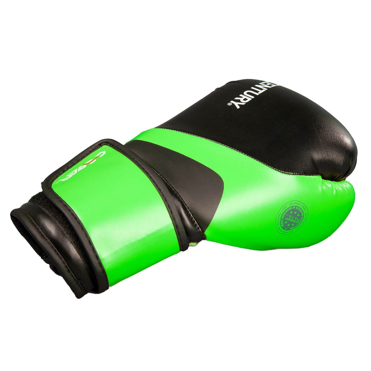 Neon green and black kickboxing gloves with black top and CENTURY logo.