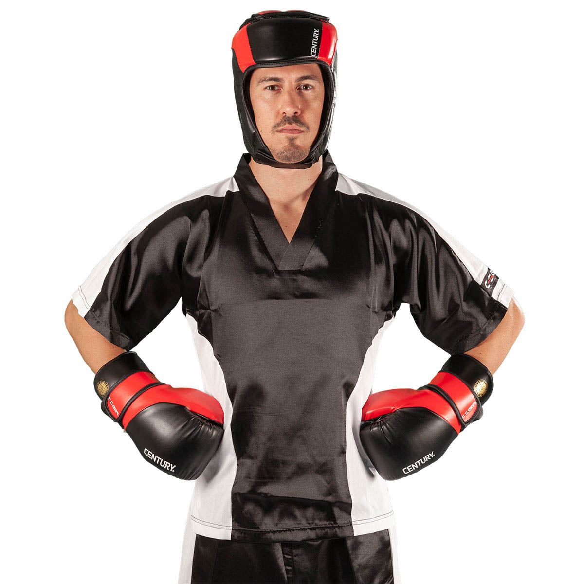 Kickboxing punch gloves with red and black padded knuckles and wrist straps
