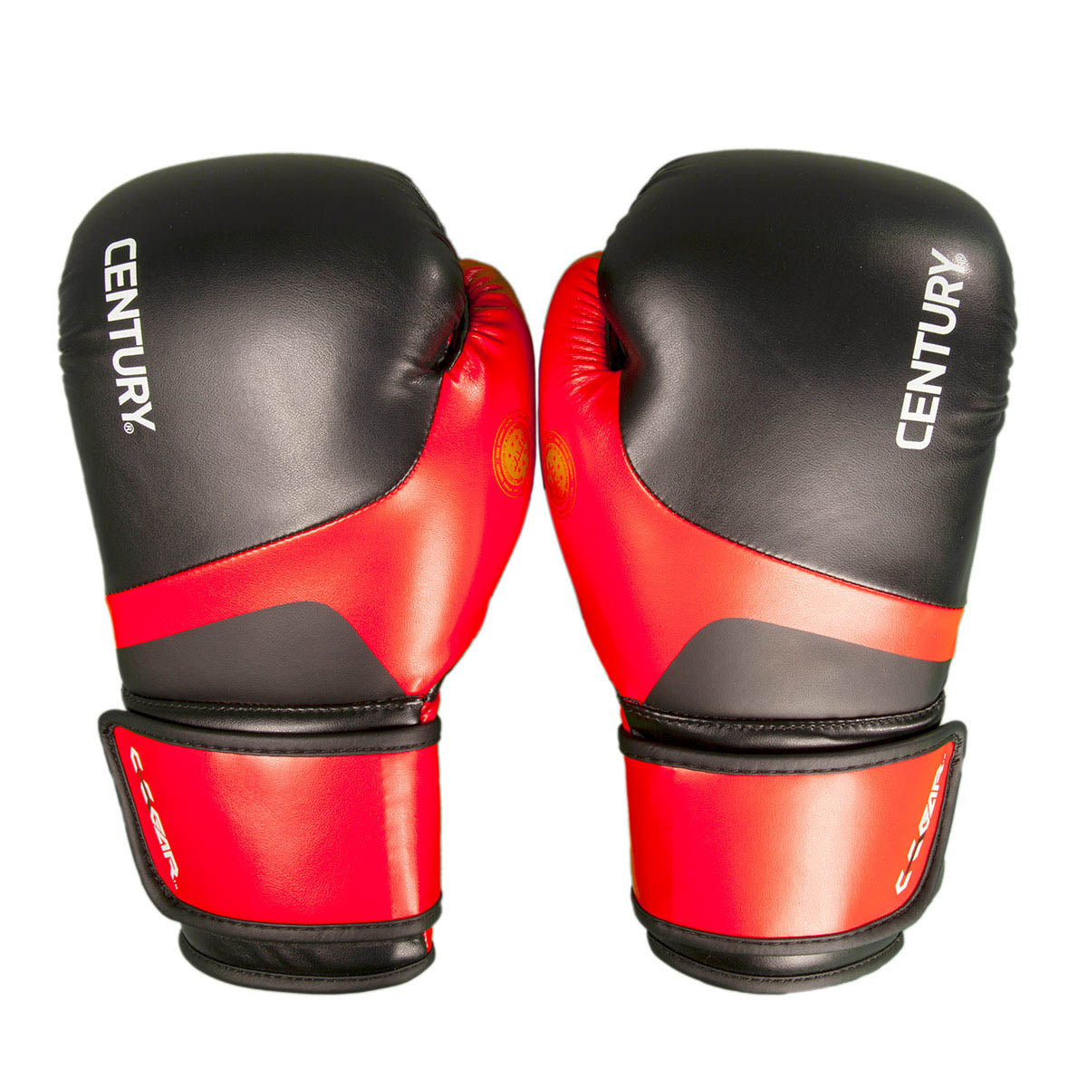 Kickboxing punch gloves, black with red panels, matching wrist strap and logo