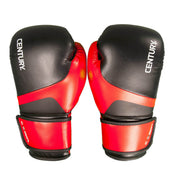 Kickboxing punch gloves, black with red panels, matching wrist strap and logo