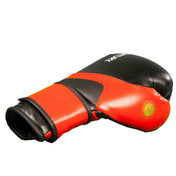 Kickboxing punch gloves with orange body, black trim, and secure wrist strap