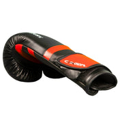 Kickboxing punch gloves, black with orange accents, curved hand padding and logo