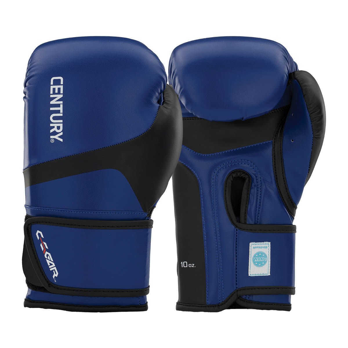 Kickboxing punch gloves, blue and black with 10 oz label and wrist strap