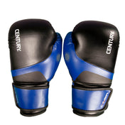 Kickboxing punch gloves, black with blue panels, curved knuckle padding and wrist band