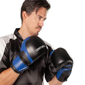 Kickboxing punch gloves in black with blue stripes, secure wrist straps