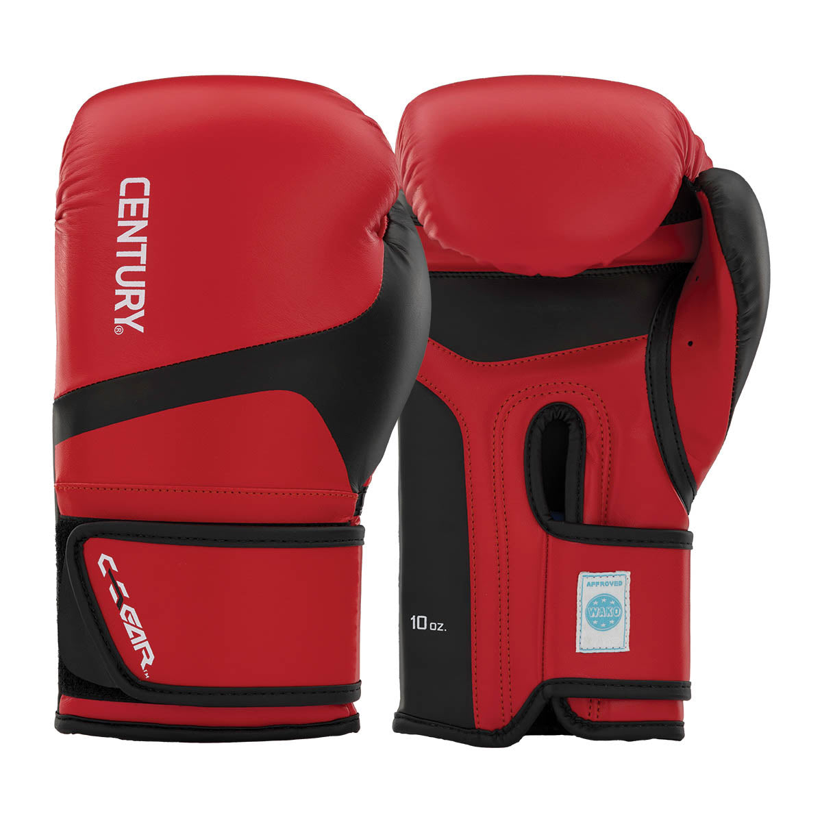 Kickboxing punch gloves, red and black with 10 oz label and wrist strap