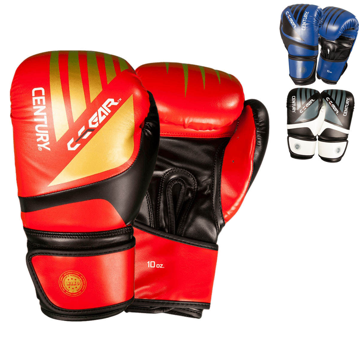 Red and black kickboxing gloves, Century logo and 10 oz marking, pair front view