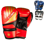 Red and black kickboxing gloves, Century logo and 10 oz marking, pair front view