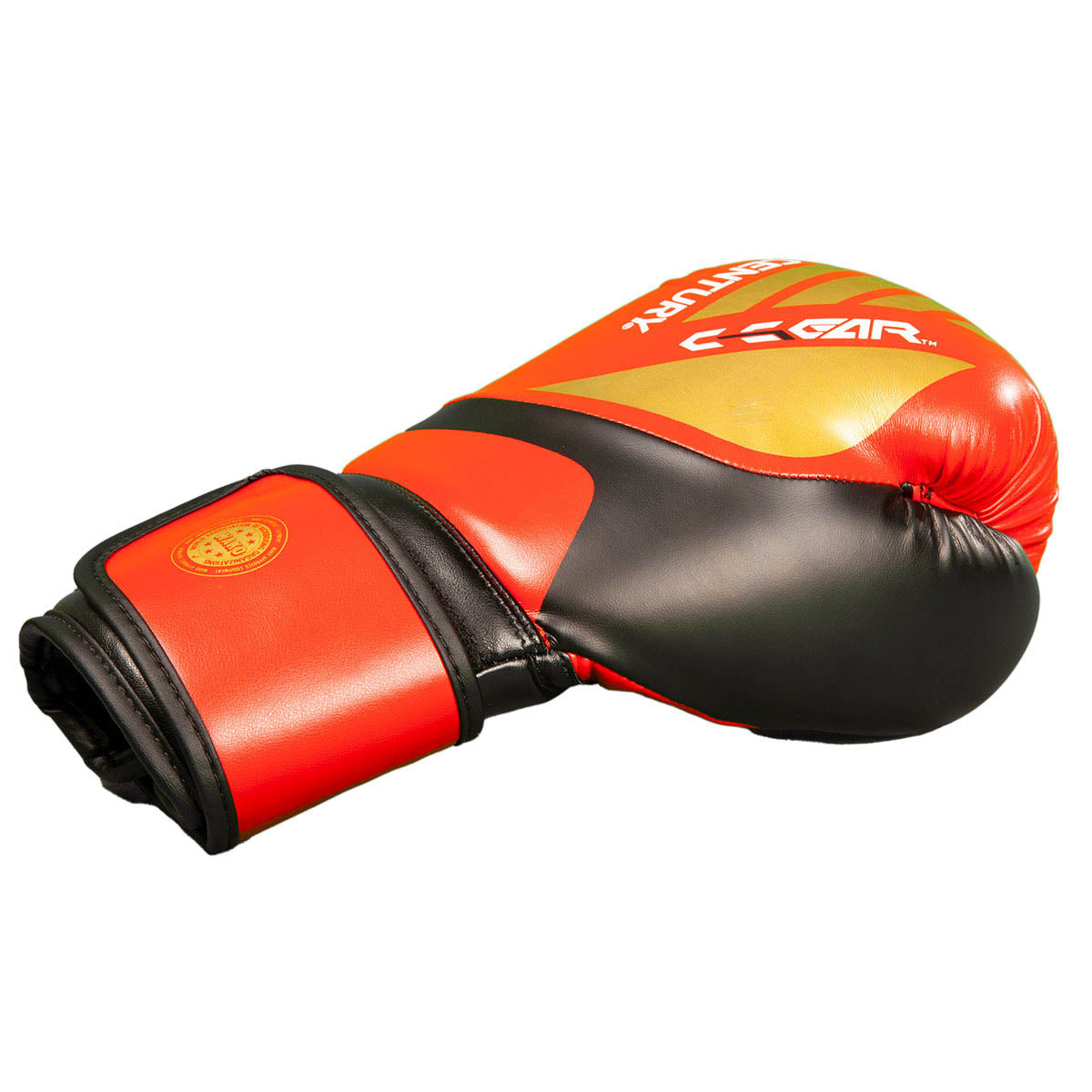 Red and black kickboxing glove, side view with Century logo on back