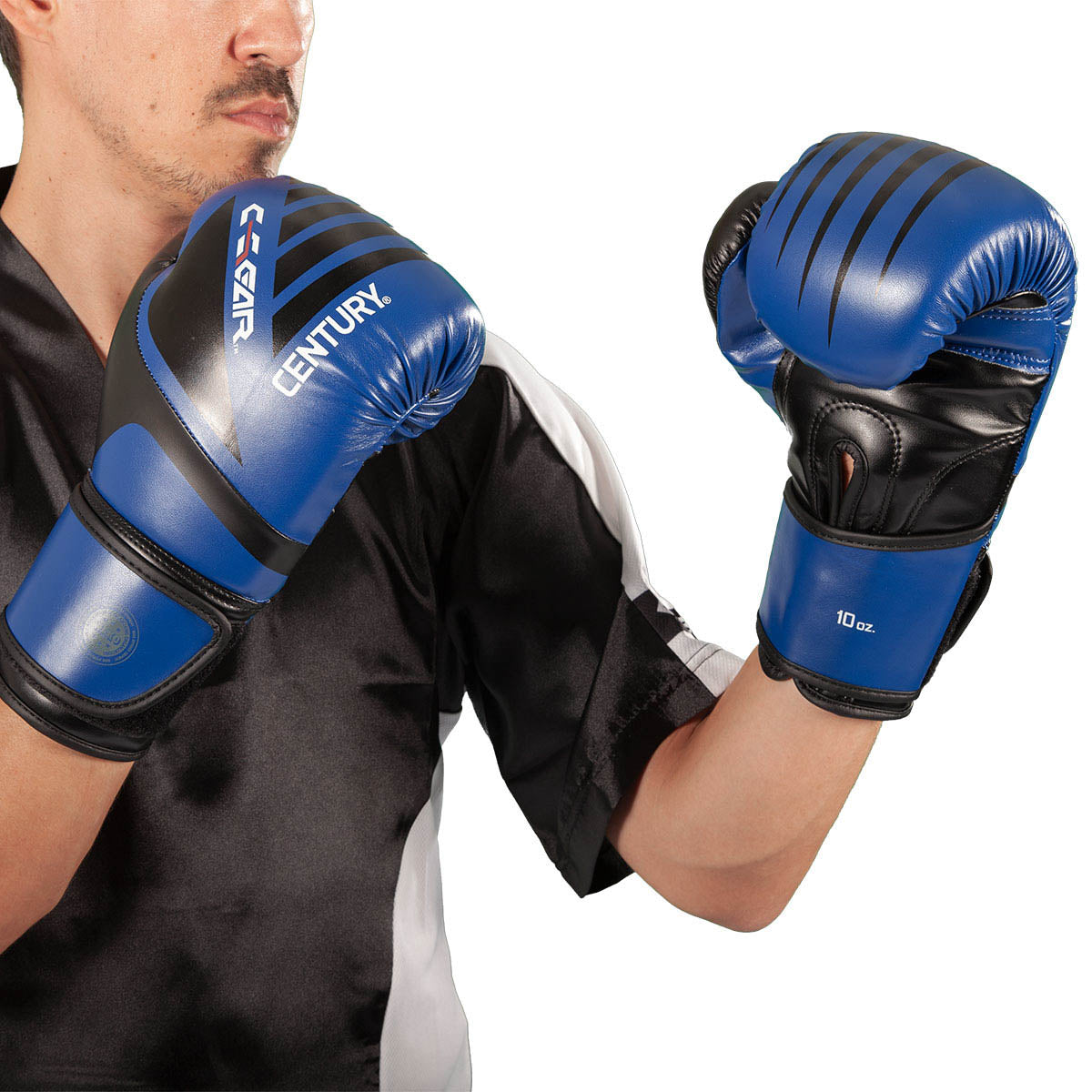 Blue and black kickboxing gloves pair with Century branding and stitched wrist strap