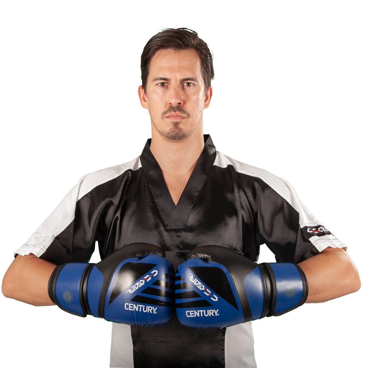 Blue kickboxing gloves held together showing Century logos across the knuckles