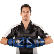 Blue kickboxing gloves held together showing Century logos across the knuckles