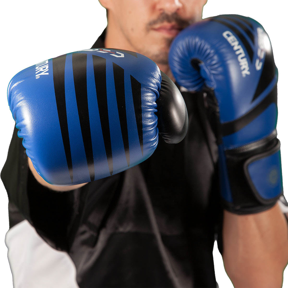 Blue kickboxing gloves close-up with black stripe panels on the knuckles