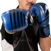 Blue kickboxing gloves close-up with black stripe panels on the knuckles
