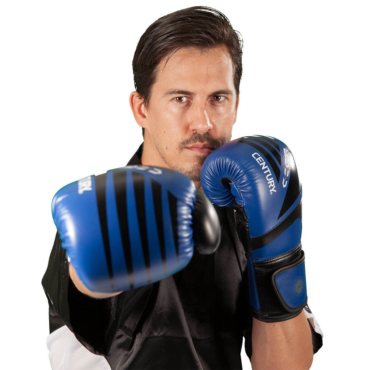 Blue kickboxing gloves with Century logo on the backhand and knuckle stripe design