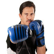 Blue kickboxing gloves with Century logo on the backhand and knuckle stripe design