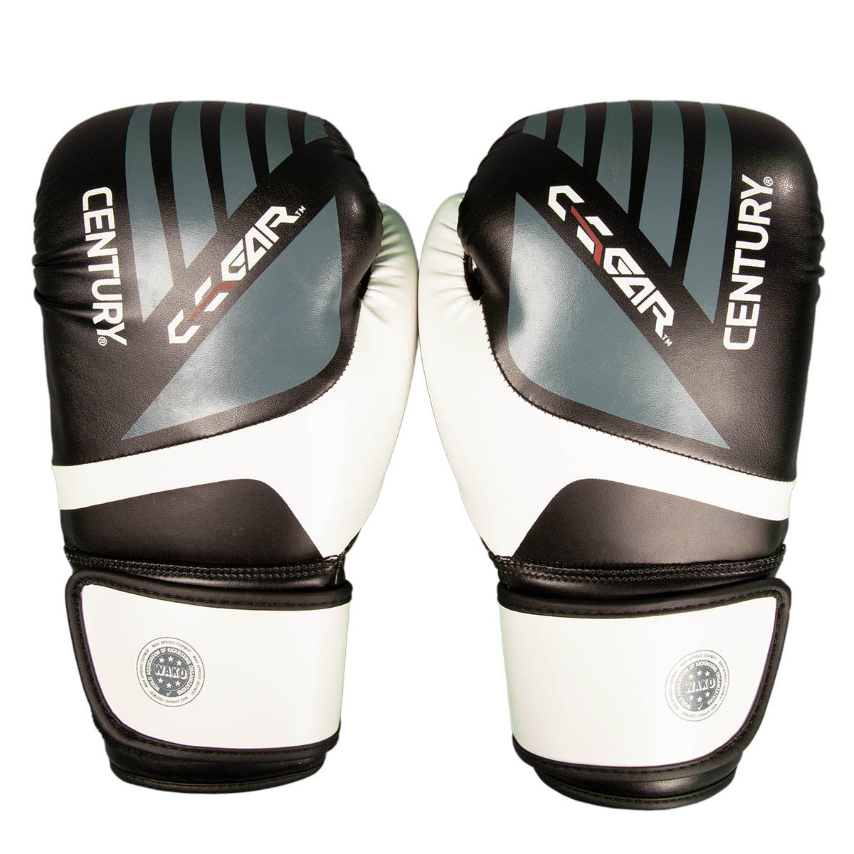 Black and white kickboxing gloves pair with C-GEAR and CENTURY lettering on the back