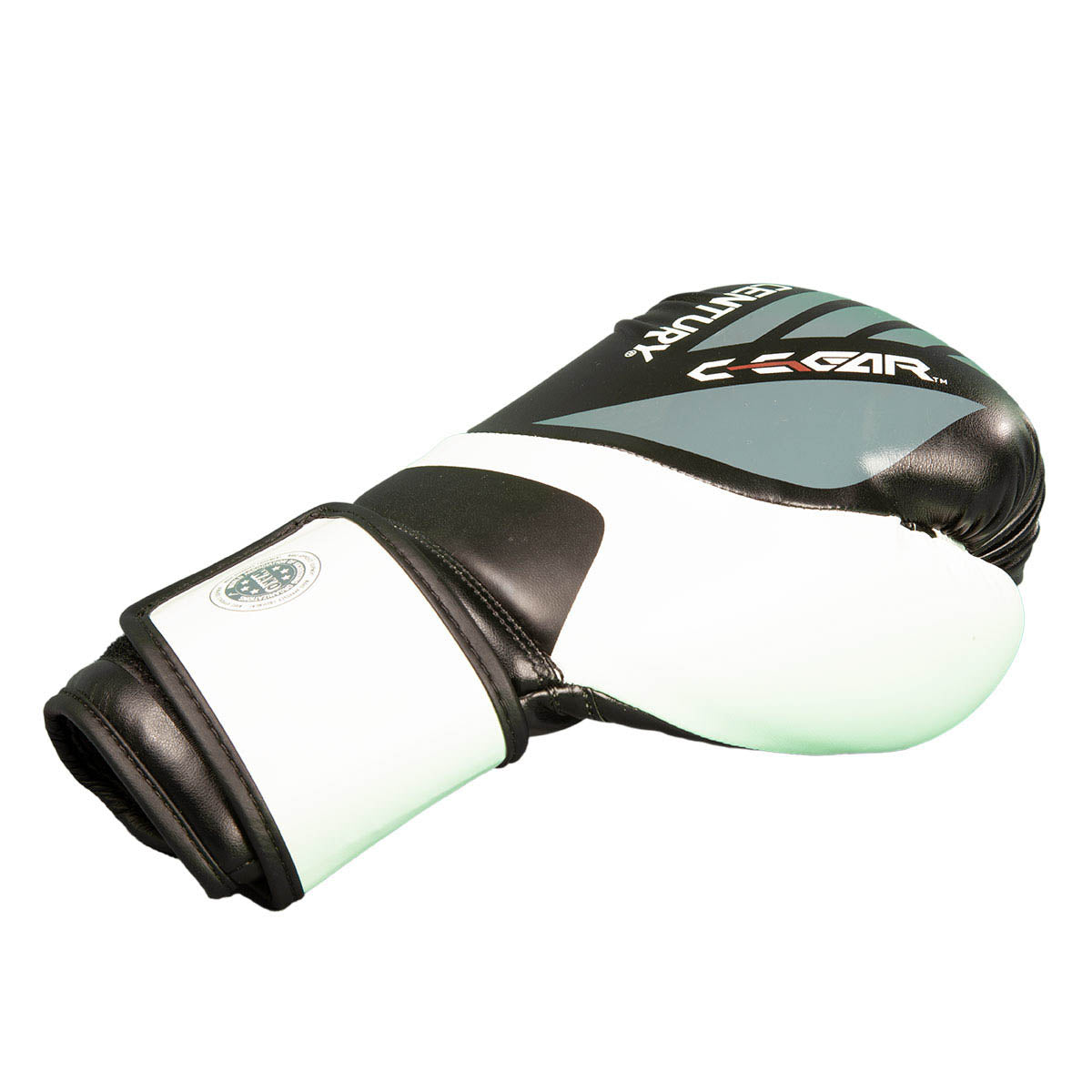 Black and white kickboxing glove with C-GEAR logo and padded hook-and-loop cuff