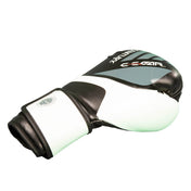 Black and white kickboxing glove with C-GEAR logo and padded hook-and-loop cuff