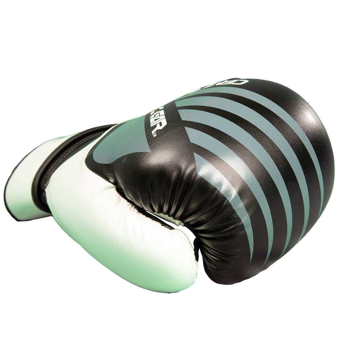Black and white kickboxing glove with diagonal stripe knuckle panels and C-GEAR logo