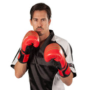 Red and black kickboxing gloves on hands, Century branding on glove tops