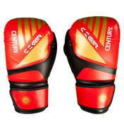 Red and black kickboxing gloves with Century logos, pair top-front view