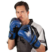 Kickboxing punching gloves in blue with black accents, padded thumb and wrist cuffs
