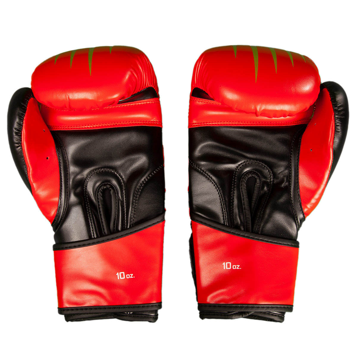 Red and black kickboxing gloves, back view with 10 oz marking, pair