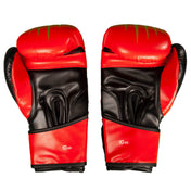 Red and black kickboxing gloves, back view with 10 oz marking, pair