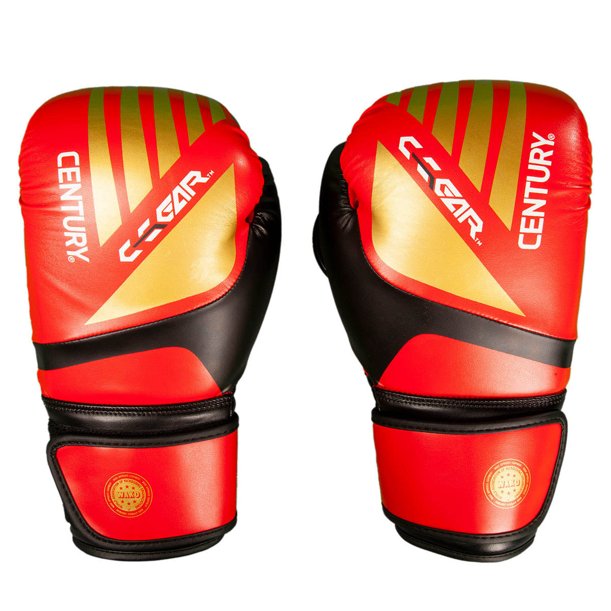 Kickboxing punching gloves in red with gold gradient and black wrist cuffs