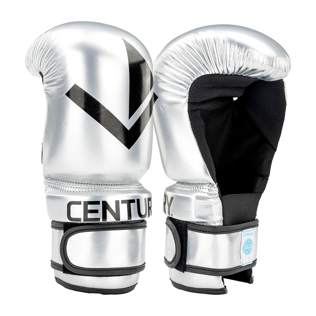 Pair of silver boxing gloves with white V logo and black interior wrist.
