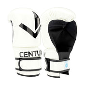 Pair of white boxing gloves with black wrist wrap and black-backed knuckle area.