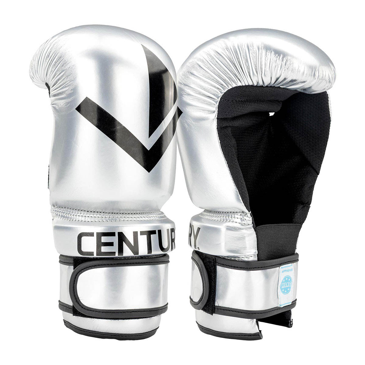 Silver boxing gloves pair facing front, black interior padding and logo V