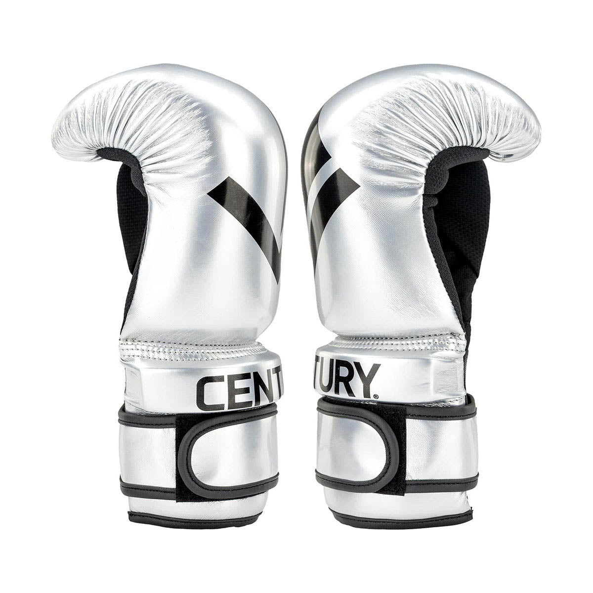 Silver boxing gloves with black interior, rear view with black trim and logo text