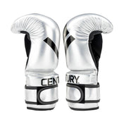 Silver boxing gloves with black interior, rear view with black trim and logo text