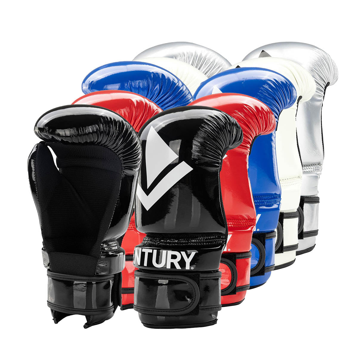 Assorted boxing gloves lineup in black, red, blue, and silver with V emblems