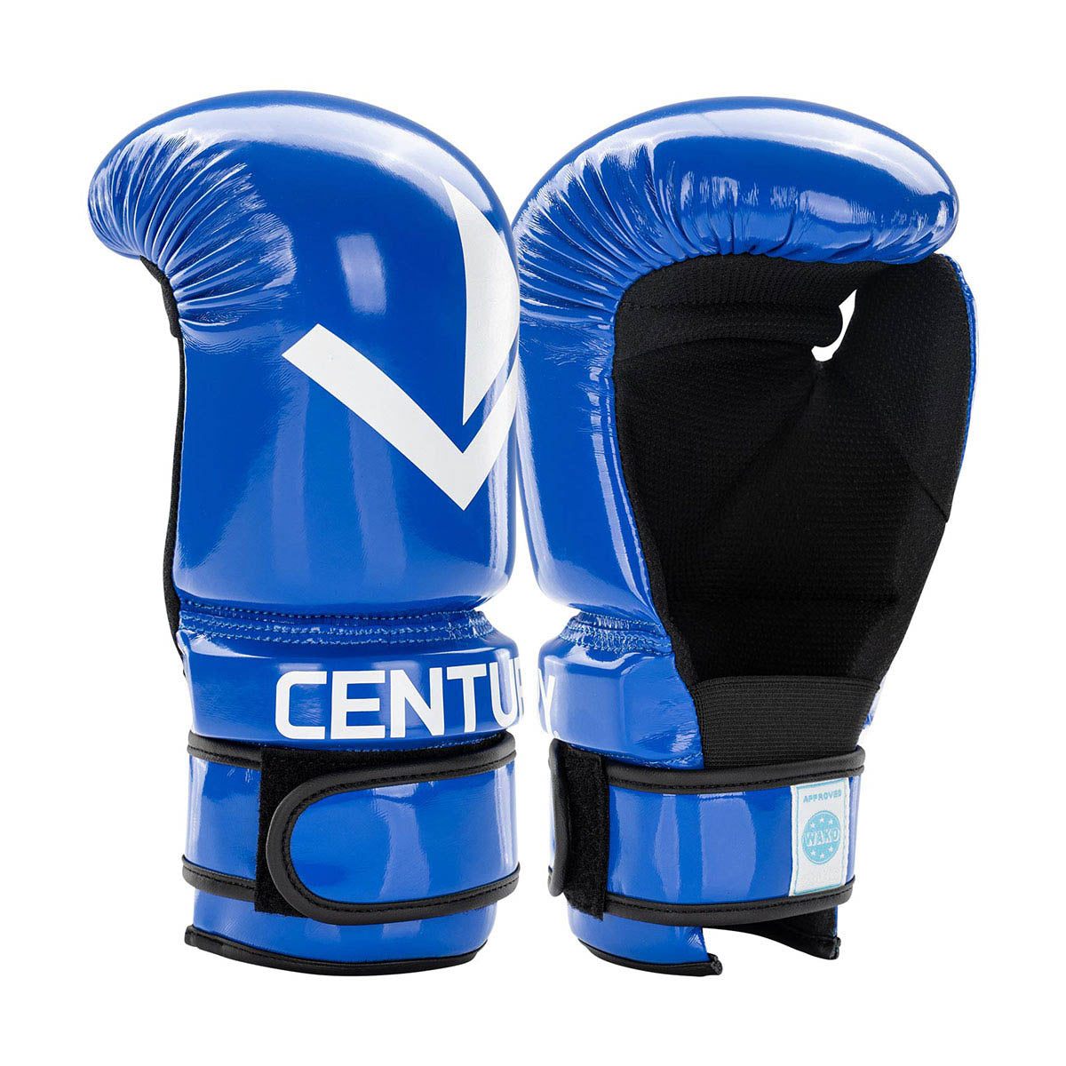 Blue boxing gloves with black padded interiors and white logo V on each glove
