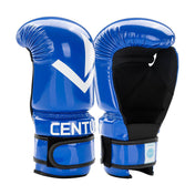 Blue boxing gloves with black padded interiors and white logo V on each glove