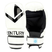 Pair of boxing gloves in white with black logo and wrist strap, padded knuckles