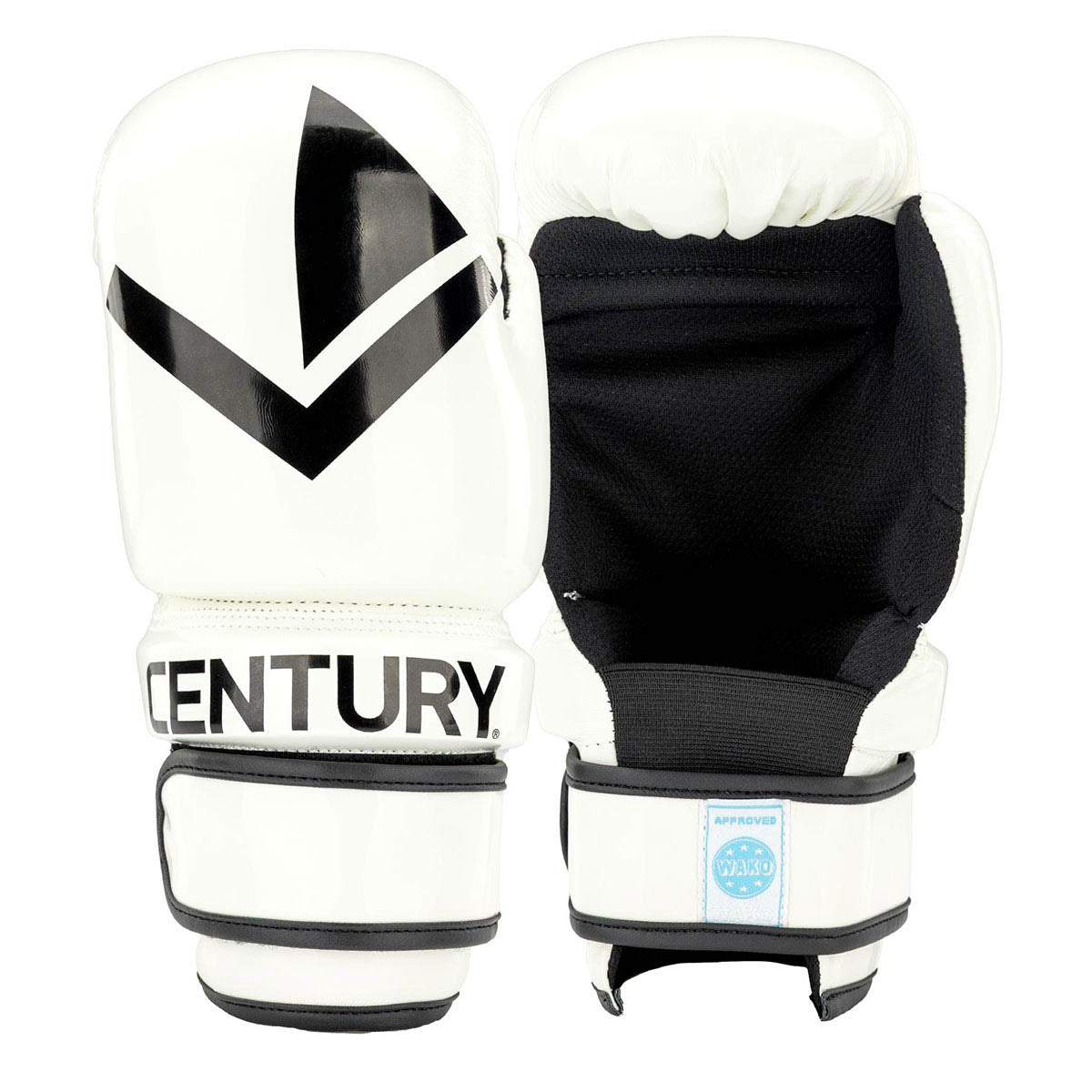 White boxing gloves showing black V emblem and dark thumb area with padded wrist