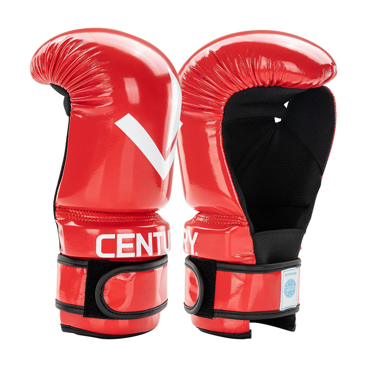 Red boxing gloves with black padded interiors and white logo V on each glove