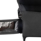 Black boxing glove wrist strap and thumb area, glossy finish edge detail.