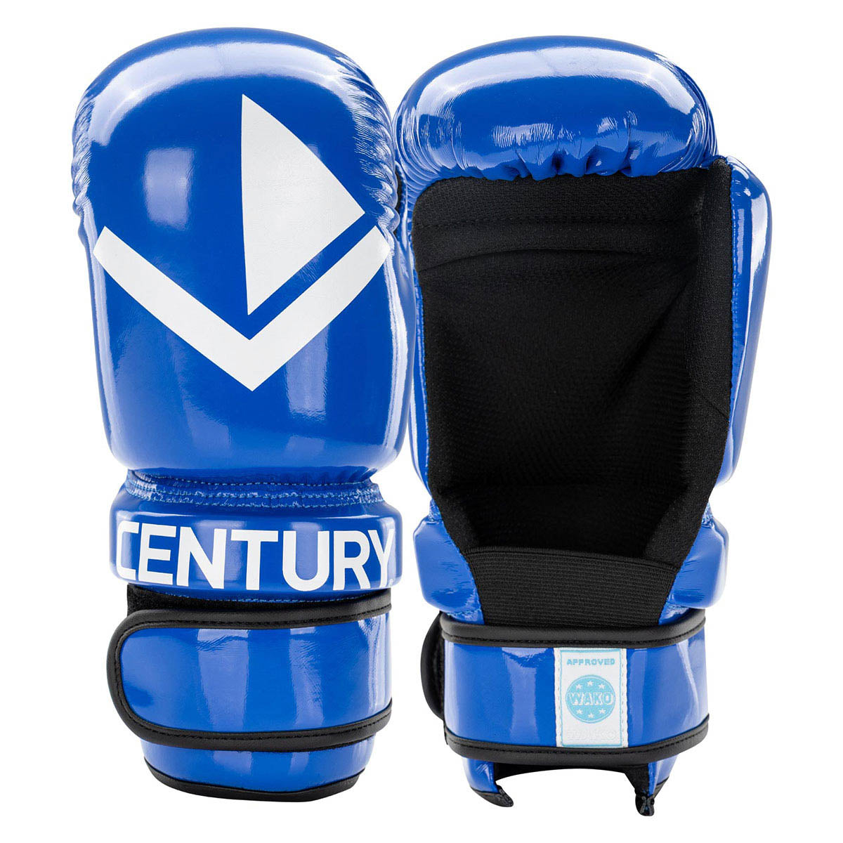 Pair of blue boxing gloves with white geometric emblem on the outer hand