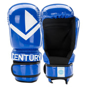 Pair of blue boxing gloves with white Century logo and blue padded knuckles