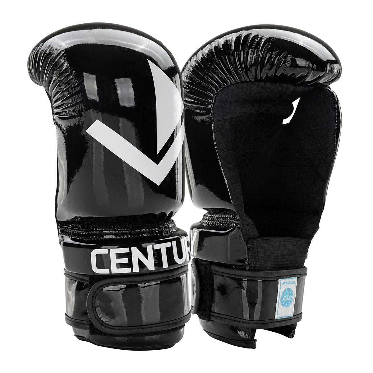 Pair of black boxing gloves with white V logo and padded wrist wrap.