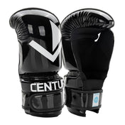 Pair of black boxing gloves with white V logo and padded wrist wrap.