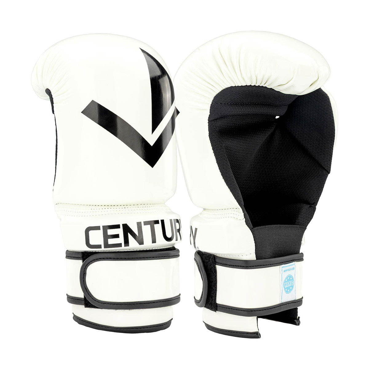 White boxing gloves with black padded interiors and black logo V on each glove