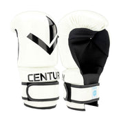 White boxing gloves with black padded interiors and black logo V on each glove