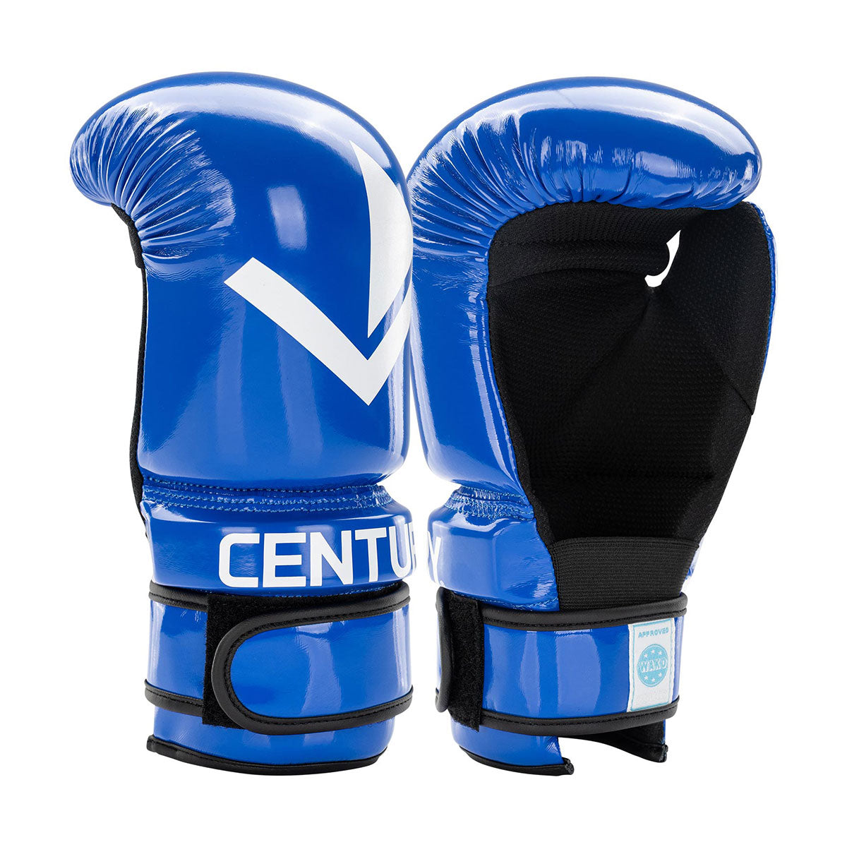 Pair of blue boxing gloves with white V logo and black wrist accents.