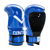Pair of blue boxing gloves with white V logo and black wrist accents.